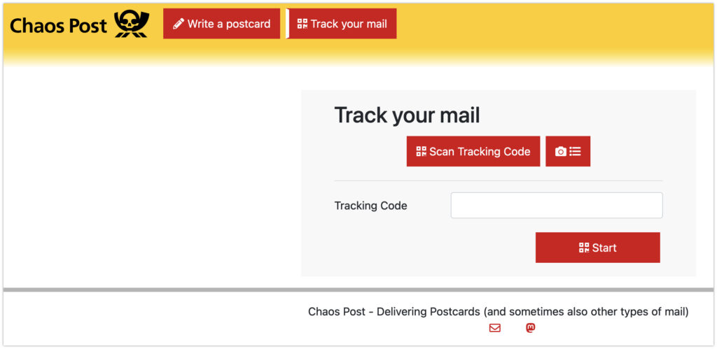 Screenshot des Online Office der Chaos Post. Zu sehen ist ein "Track your mail" Dialog.